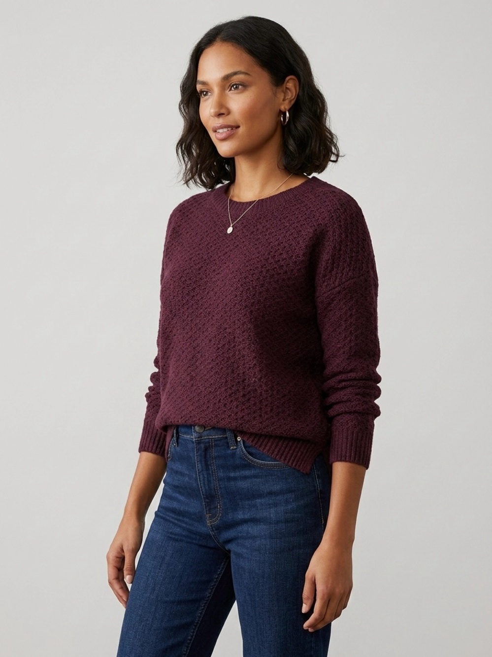 RW&CO. Burgundy Textured Knit Crewneck Sweater
